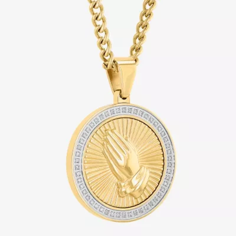 Mens 1/4 CT. T.W. Natural Diamond Stainless Steel Circle Prayer Hands Pendant Necklace