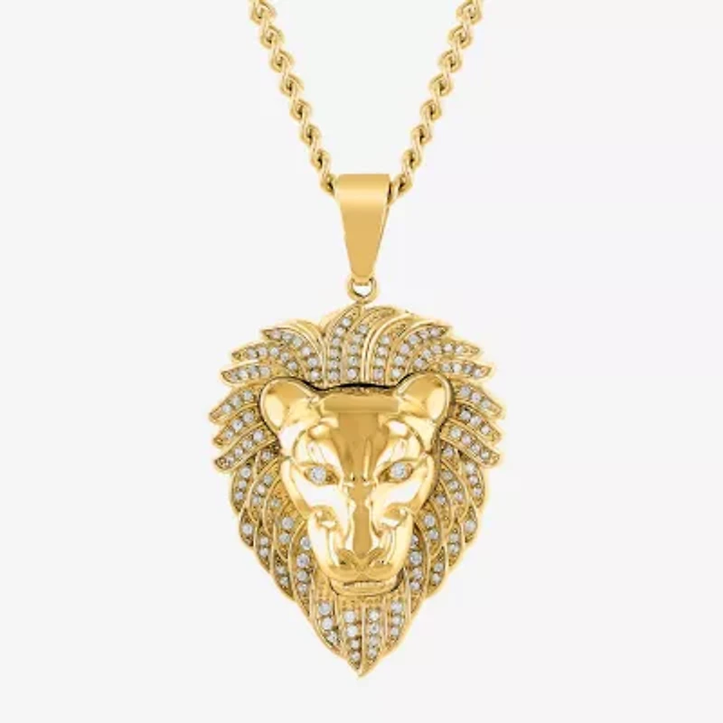 Lion Mens White Cubic Zirconia Stainless Steel 24 Inch Pendant Necklace