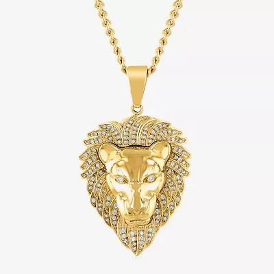 Lion Mens White Cubic Zirconia Stainless Steel 24 Inch Pendant Necklace