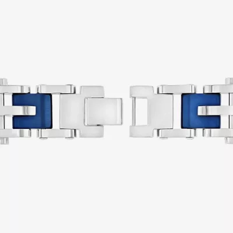 Mens 8 1/2 Inch Stainless Steel Blue IP Finish Cross and Bar Link Bracelet