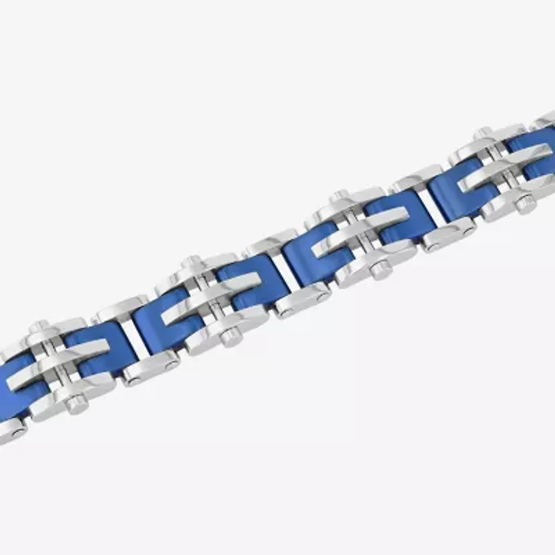 Mens 8 1/2 Inch Stainless Steel Blue IP Finish Cross and Bar Link Bracelet