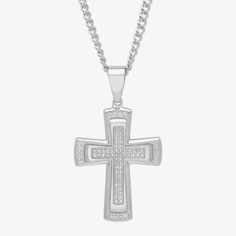 Mens 3/8 CT. T.W. Natural White Diamond Stainless Steel Cross 24 Inch Pendant Necklace