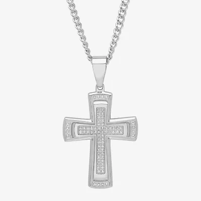 Mens 3/8 CT. T.W. Natural White Diamond Stainless Steel Cross 24 Inch Pendant Necklace