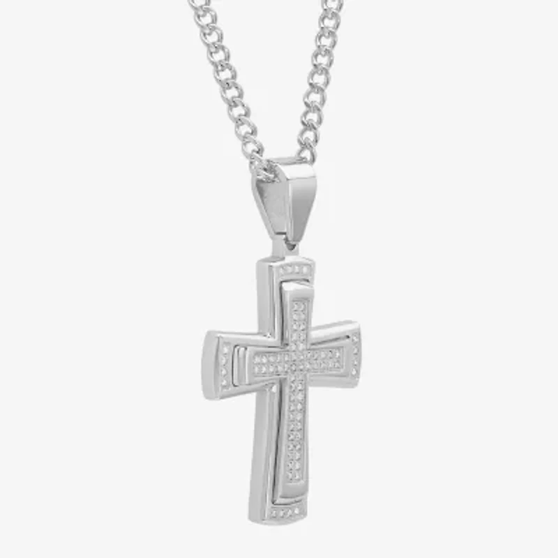Mens 3/8 CT. T.W. Natural White Diamond Stainless Steel Cross 24 Inch Pendant Necklace