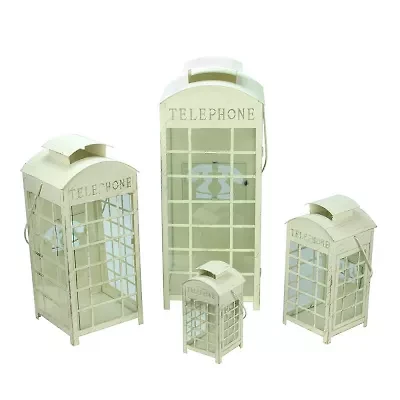 Set of 4 Weathered Cream and Gold Telephone Booth Glass Pillar Candle Lanterns 8.75" - 25"