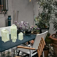 Set of 4 Weathered Cream and Gold Telephone Booth Glass Pillar Candle Lanterns 8.75" - 25"