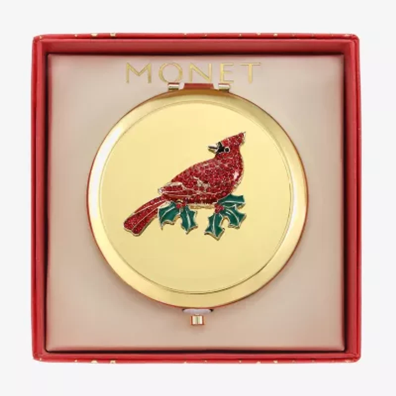 Monet Jewelry Gold Tone Red Cardinal Gold Tone Compact Mirror