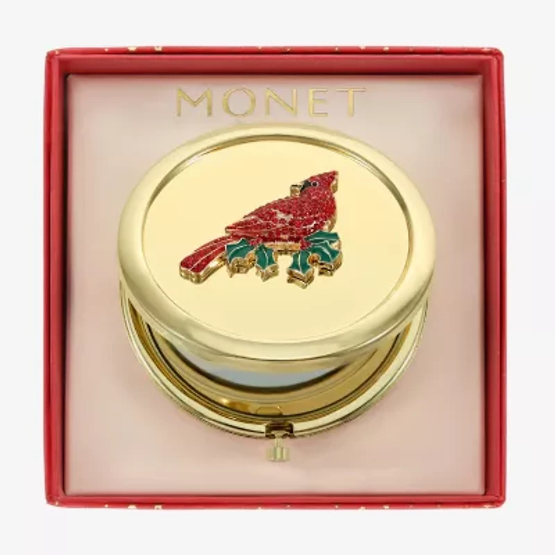Monet Jewelry Gold Tone Red Cardinal Gold Tone Compact Mirror