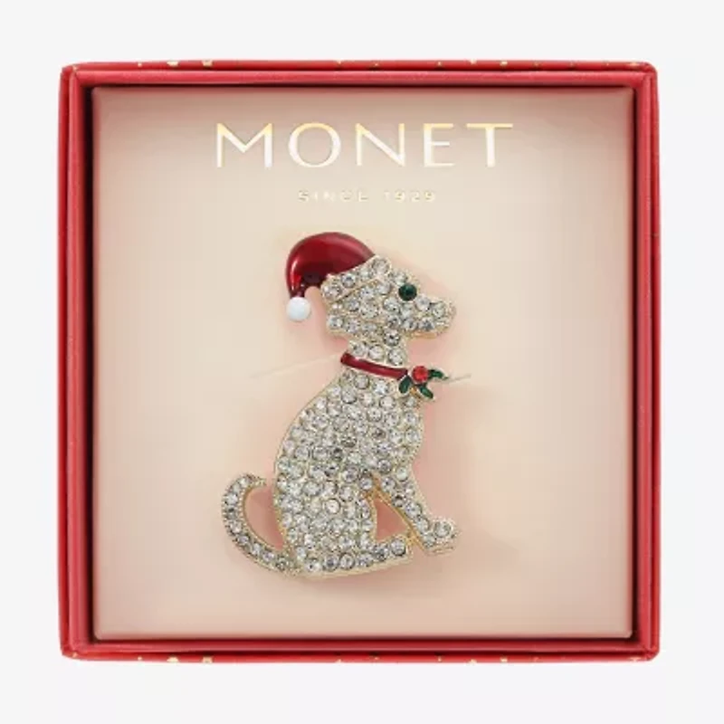 Monet Jewelry Gold Tone Santa Dog Glass Pin