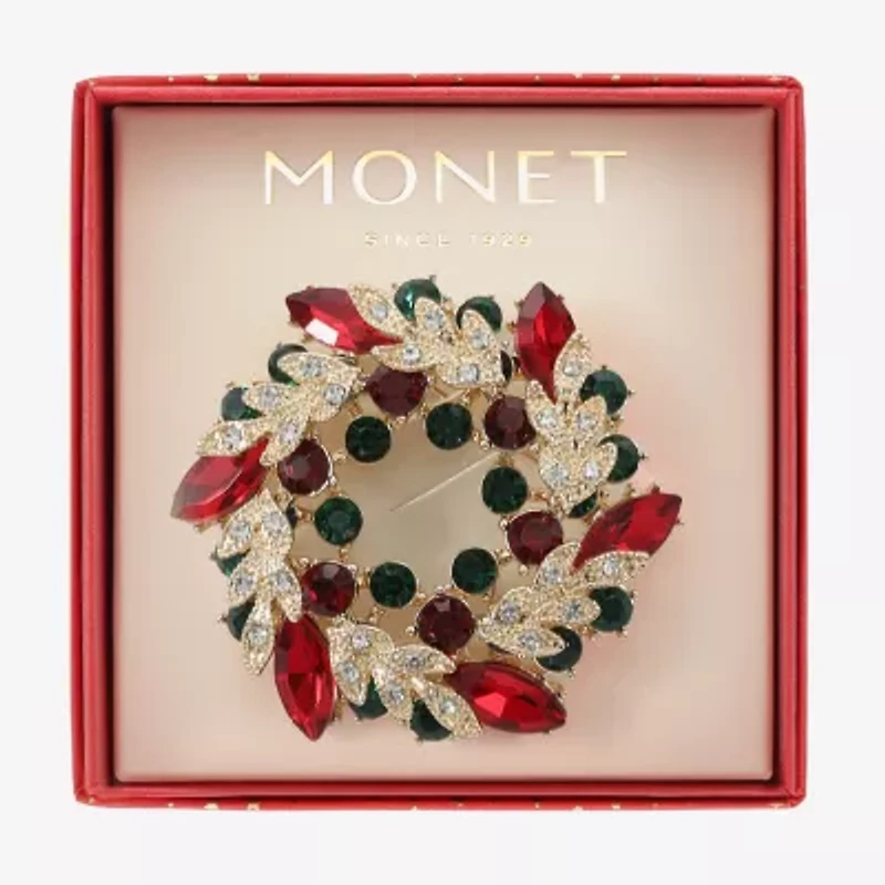 Monet Jewelry Gold Tone Wreath Multi Color Glass Pin