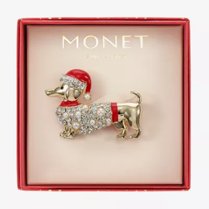 Monet Jewelry Gold Tone Dachshund Dog Santa Hat Glass Pin