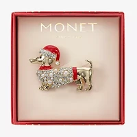 Monet Jewelry Gold Tone Dachshund Dog Santa Hat Glass Pin