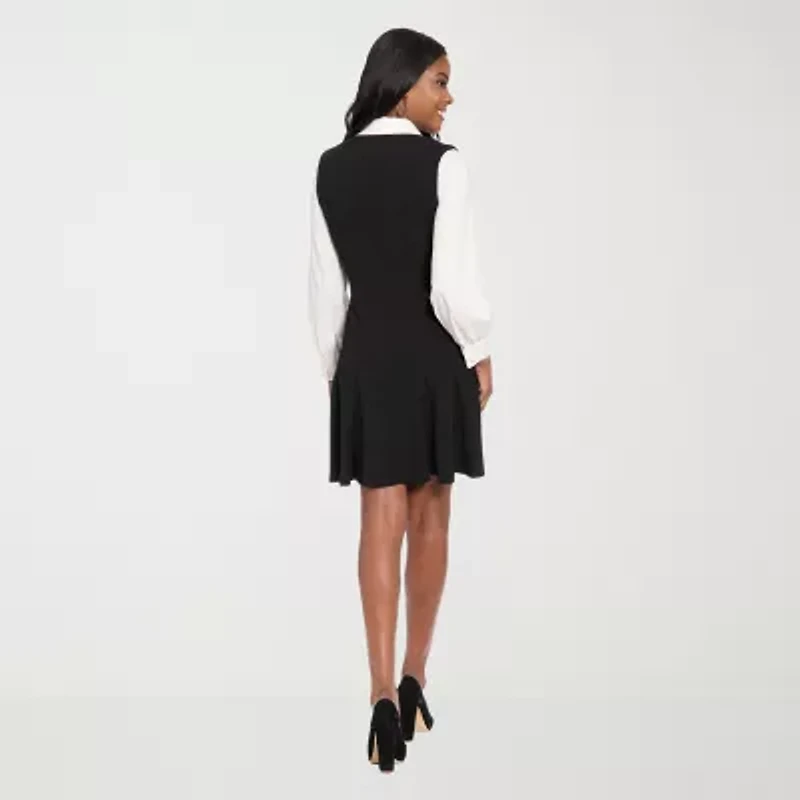 London Times Womens Long Sleeve Fit + Flare Dress
