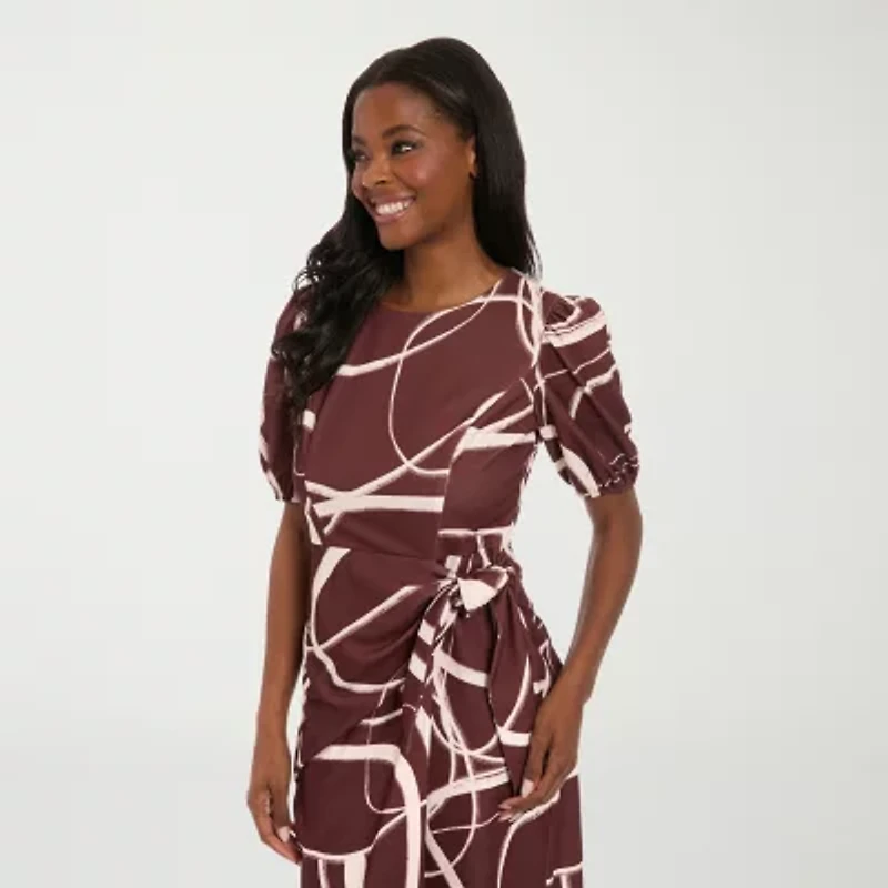 London Times Womens Short Sleeve Midi Abstract Sheath Dress