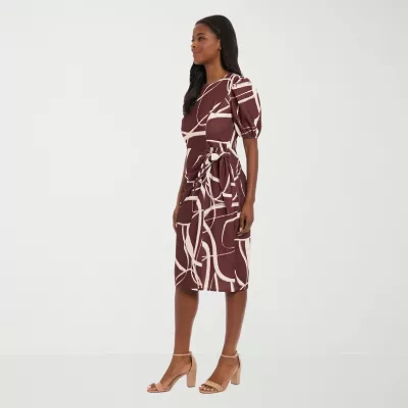 London Times Womens Short Sleeve Midi Abstract Sheath Dress