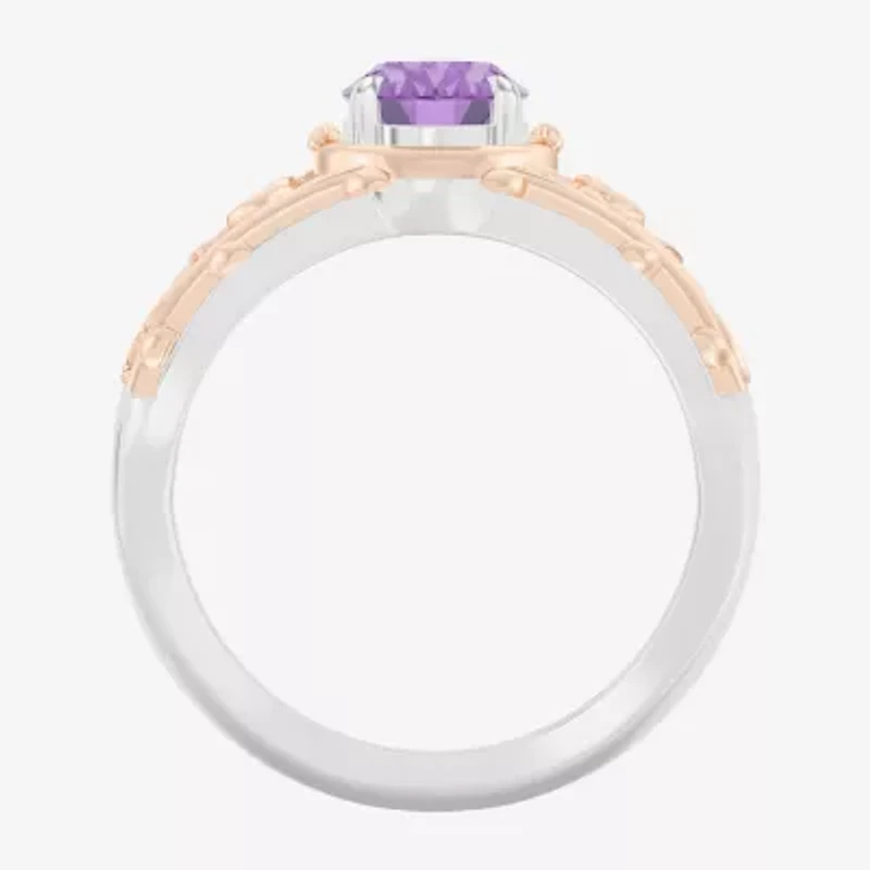 Enchanted Disney Fine Jewelry Womens 1/8 CT. T.W. Genuine Purple Amethyst 14K Two Tone Gold Over Silver Oval Princess Rapunzel Cocktail Ring