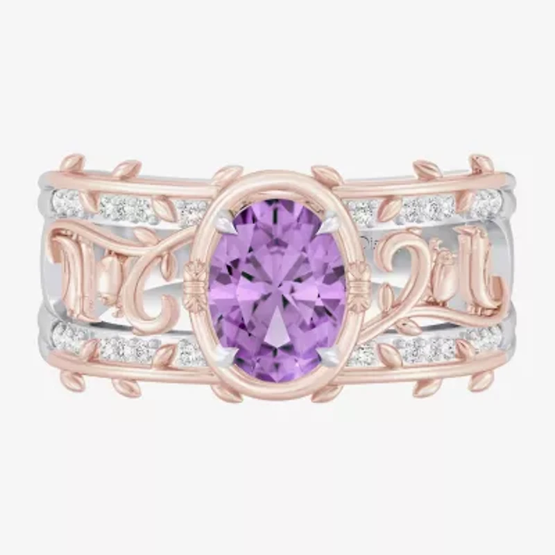 Enchanted Disney Fine Jewelry Womens 1/8 CT. T.W. Genuine Purple Amethyst 14K Two Tone Gold Over Silver Oval Princess Rapunzel Cocktail Ring
