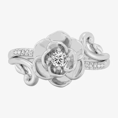 Enchanted Disney Fine Jewelry I, I2 Womens 1/6 CT. T.W. Lab Grown White Diamond Sterling Silver Flower Cinderella Side Stone Cocktail Ring