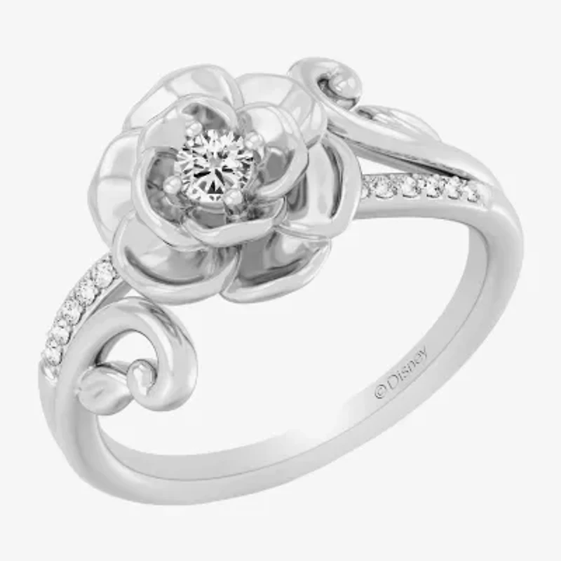 Enchanted Disney Fine Jewelry I, I2 Womens 1/6 CT. T.W. Lab Grown White Diamond Sterling Silver Flower Cinderella Side Stone Cocktail Ring