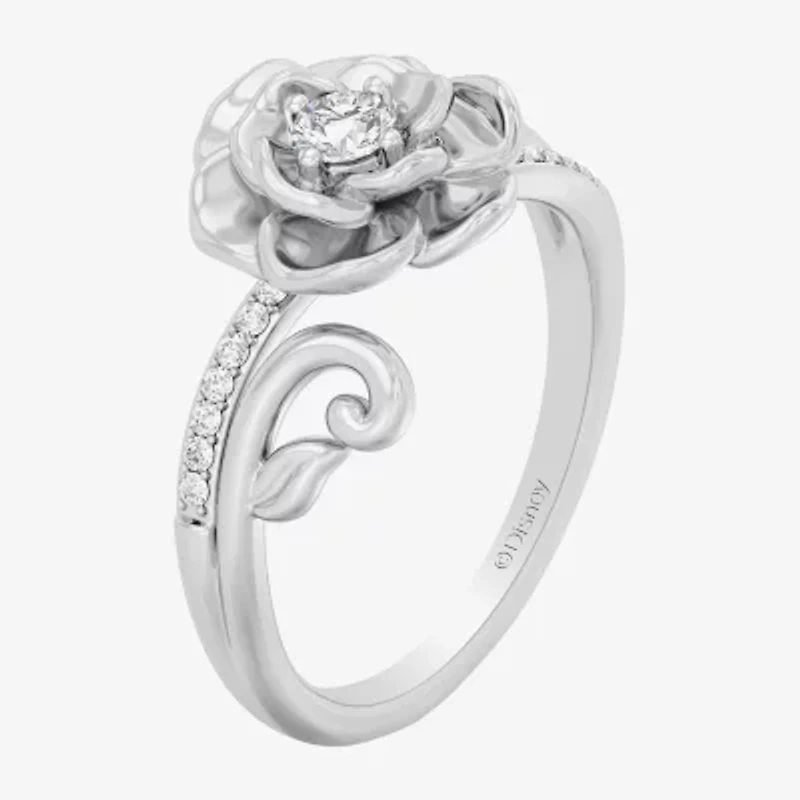 Enchanted Disney Fine Jewelry I, I2 Womens 1/6 CT. T.W. Lab Grown White Diamond Sterling Silver Flower Cinderella Side Stone Cocktail Ring