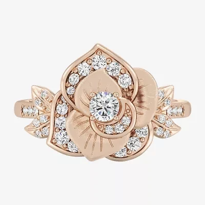 Enchanted Disney Fine Jewelry Rose (I, I2) Womens 1/2 CT. T.W. Lab Grown White Diamond 14K Gold Over Silver Flower Belle Princess Side Stone Cocktail Ring
