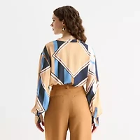 Worthington Womens Y Neck Long Sleeve Satin Blouse