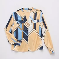 Worthington Womens Y Neck Long Sleeve Satin Blouse
