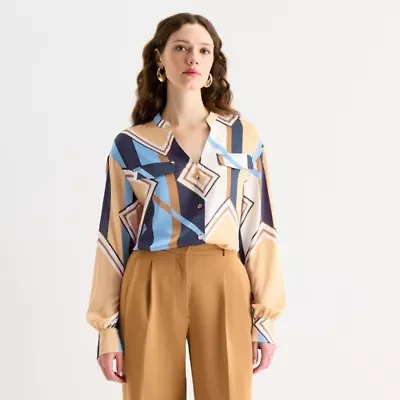 Worthington Womens Y Neck Long Sleeve Satin Blouse