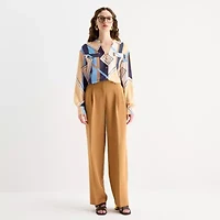 Worthington Womens Y Neck Long Sleeve Satin Blouse