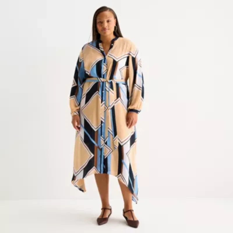 Worthington Womens Long Sleeve Geometric Plus Shirt Dress