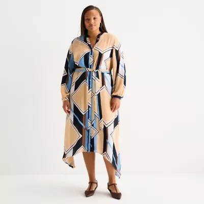 Worthington Womens Long Sleeve Geometric Plus Shirt Dress