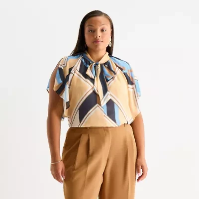 Worthington Womens Mock Neck Short Sleeve Plus Blouse