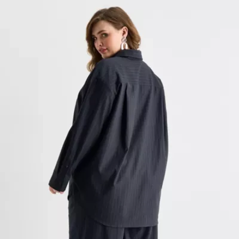 Ashley Graham Pinstripe Womens Plus Long Sleeve Relaxed Fit Button-Down Shirt