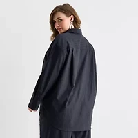 Ashley Graham Pinstripe Womens Plus Long Sleeve Relaxed Fit Button-Down Shirt