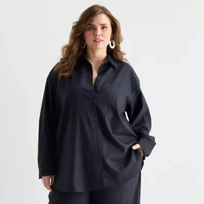 Ashley Graham Pinstripe Womens Plus Long Sleeve Relaxed Fit Button-Down Shirt