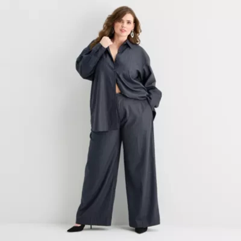 Ashley Graham Pinstripe Womens Plus Long Sleeve Relaxed Fit Button-Down Shirt