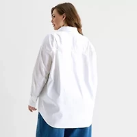 Ashley Graham Womens Plus Long Sleeve Relaxed Fit Poplin Button-Down Shirt