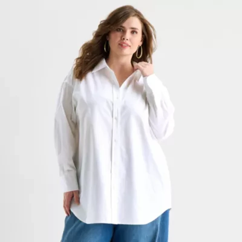 Ashley Graham Womens Plus Long Sleeve Relaxed Fit Poplin Button-Down Shirt