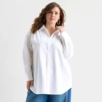 Ashley Graham Womens Plus Long Sleeve Relaxed Fit Poplin Button-Down Shirt