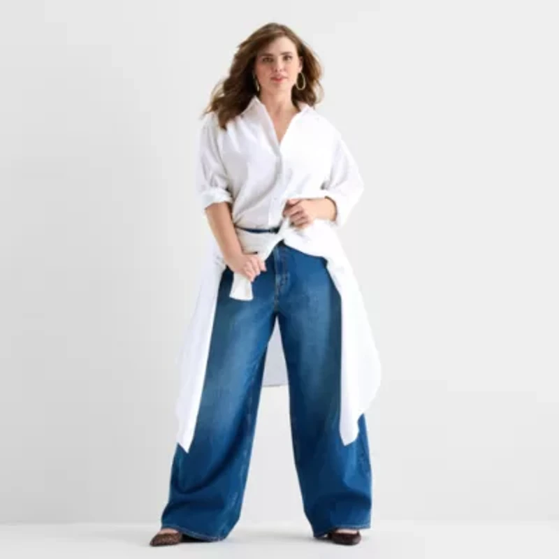 Ashley Graham Womens Plus Long Sleeve Relaxed Fit Poplin Button-Down Shirt