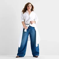 Ashley Graham Womens Plus Long Sleeve Relaxed Fit Poplin Button-Down Shirt