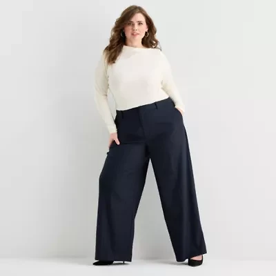 Ashley Graham Pin Stripe Womens Plus Wide Leg Trouser