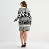 Ashley Graham Womens Plus Long Sleeve Jacquard Bodycon Dress
