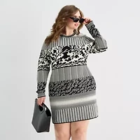 Ashley Graham Womens Plus Long Sleeve Jacquard Bodycon Dress