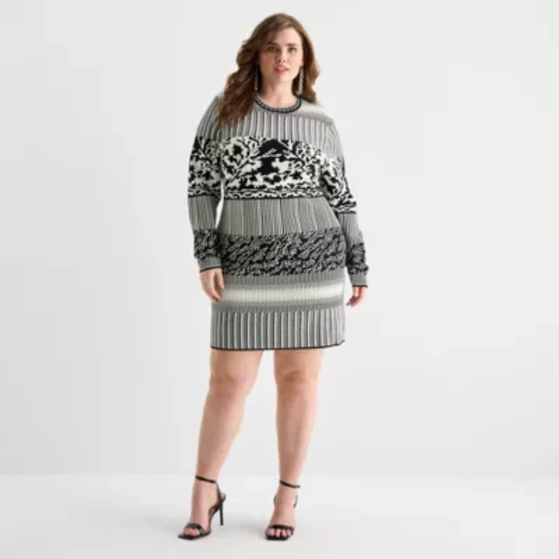 Ashley Graham Womens Plus Long Sleeve Jacquard Bodycon Dress