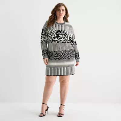 Ashley Graham Womens Plus Long Sleeve Jacquard Bodycon Dress