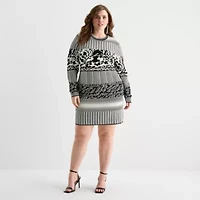 Ashley Graham Womens Plus Long Sleeve Jacquard Bodycon Dress