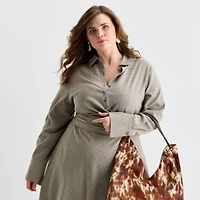 Ashley Graham Womens Plus Long Sleeve Plaid Shirt Dress