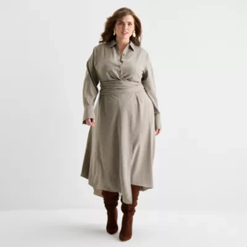 Ashley Graham Womens Plus Long Sleeve Plaid Shirt Dress