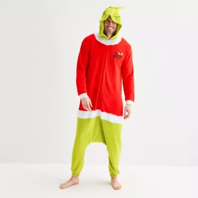 Mens Grinch Fleece Hooded Long Sleeve One Piece Pajama
